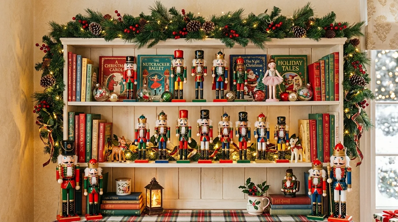 Stair garland decorated with mini nutcracker accents for Christmas.