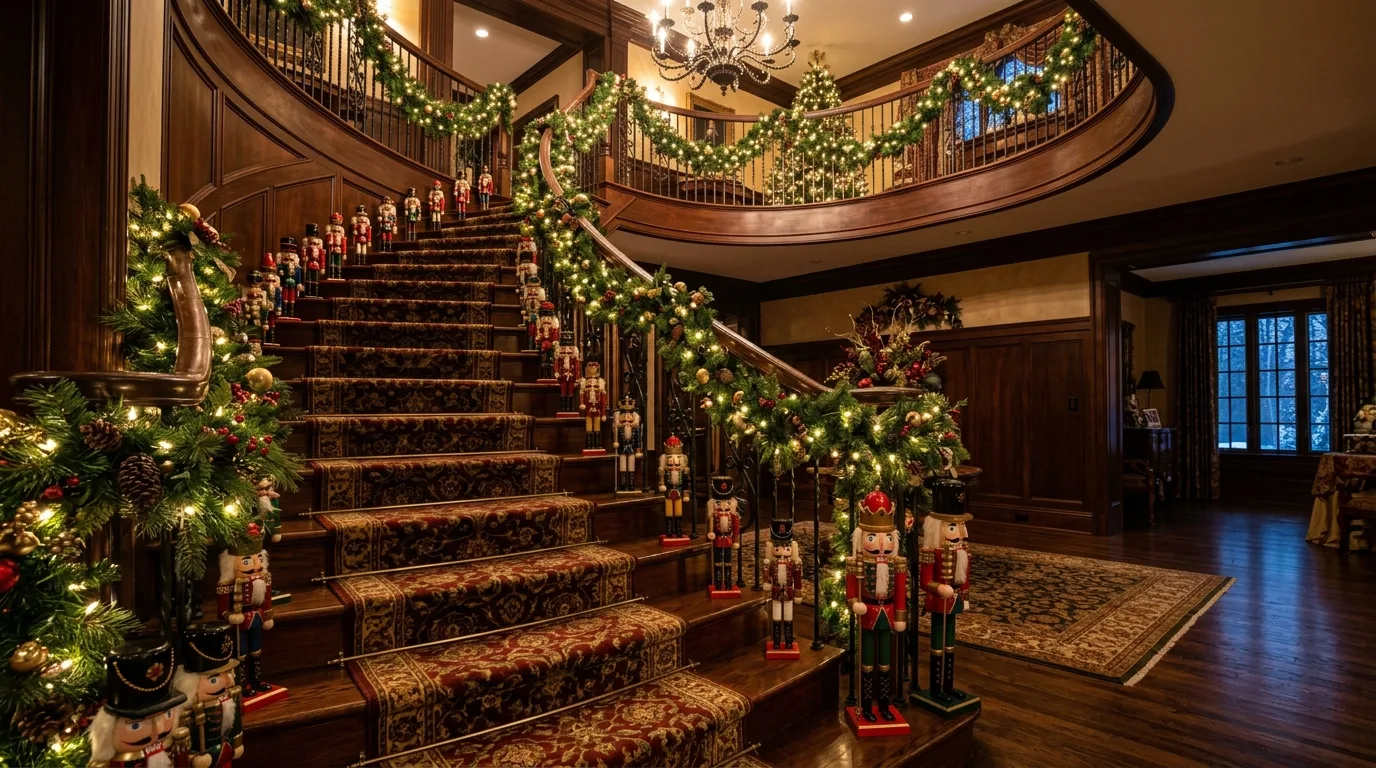 Christmas sideboard display with nutcracker decor, velvet ribbon, and gold accents.