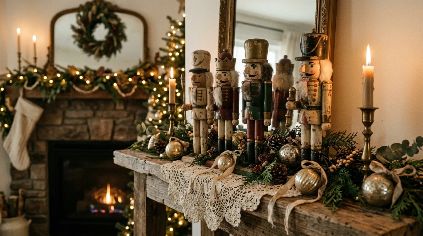 Christmas tree skirt area styled with nutcracker figures and wrapped gifts.