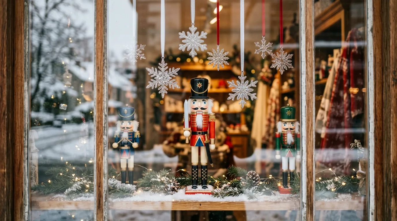 Bookshelf decorated with nutcracker figures, greenery, and holiday accents.