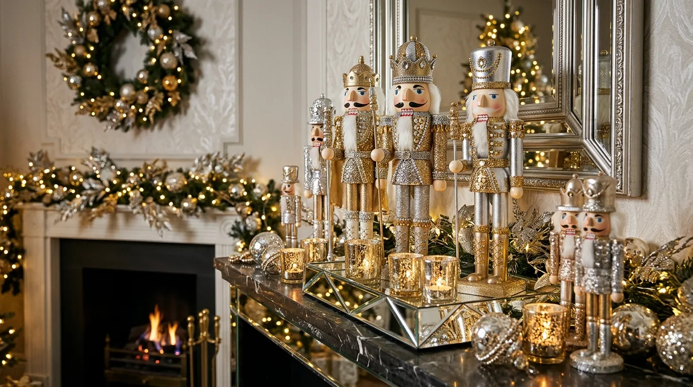 Nutcracker Christmas decor using a traditional red, blue, and gold palette.