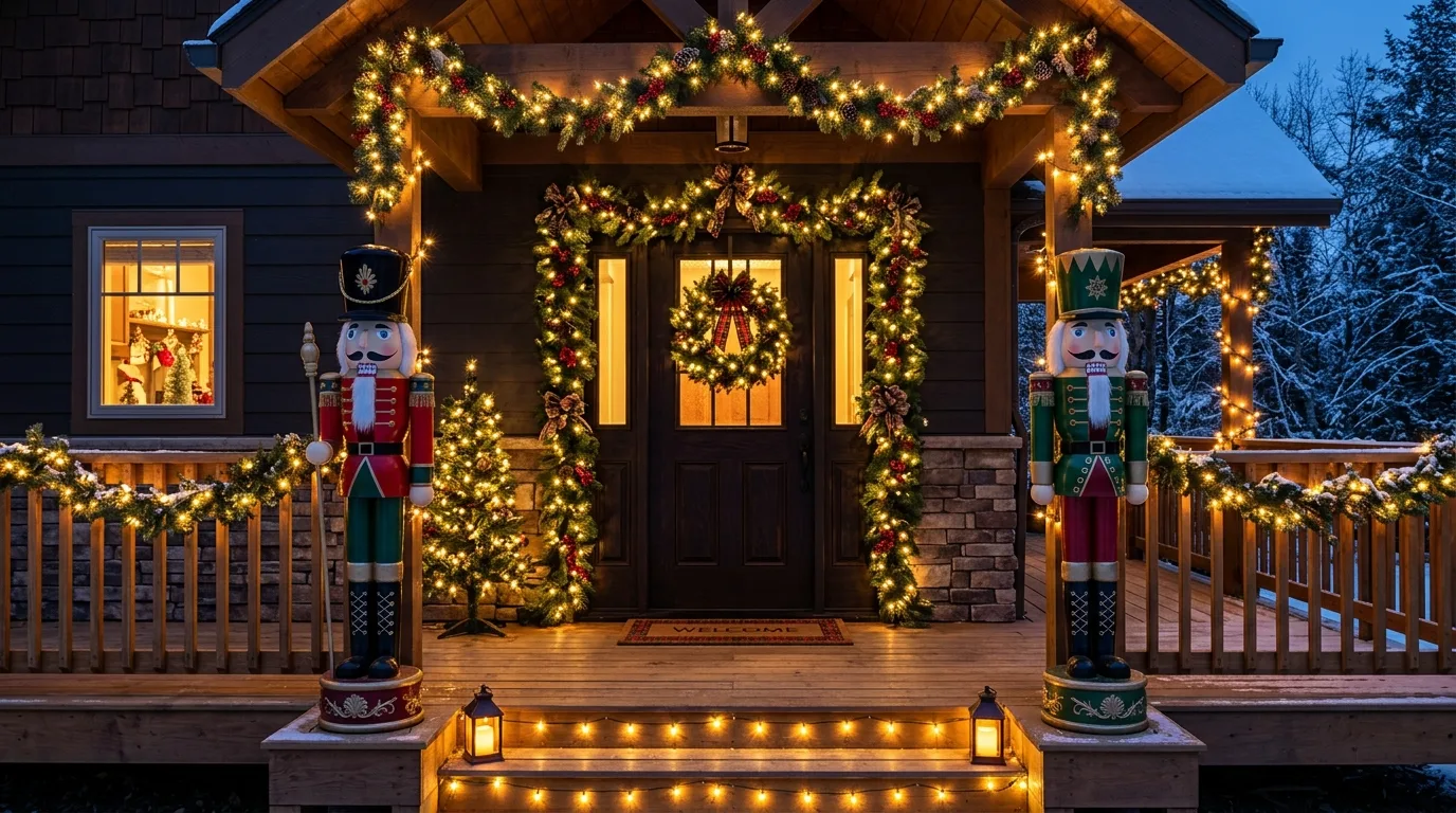 Bedroom shelf decorated with a whimsical nutcracker figure for Christmas.