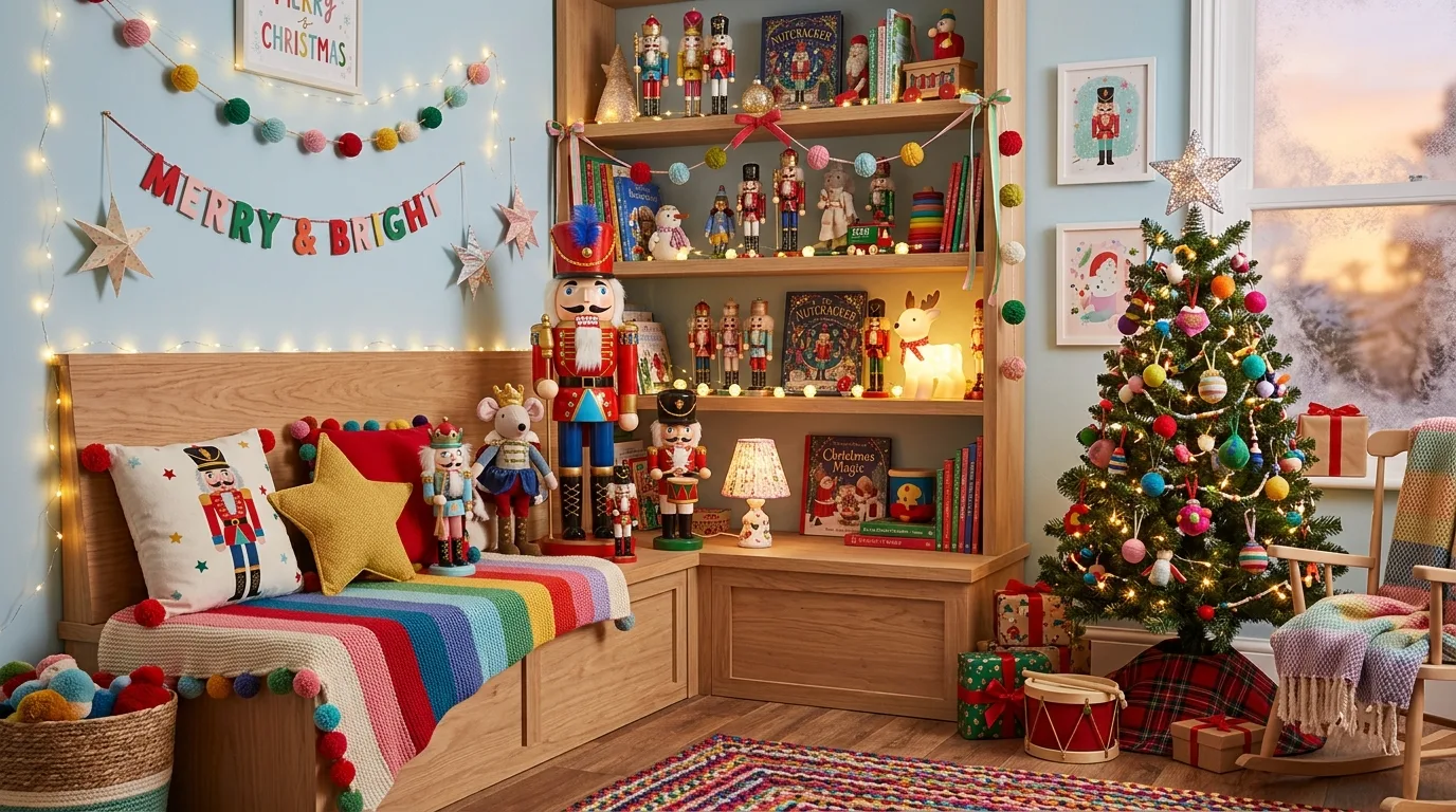 Christmas porch styled with nutcracker decor, lanterns, and seasonal greenery.